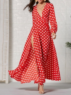 Langærmet Ankellængde V-Hals Mode Polka Dots Damekjole