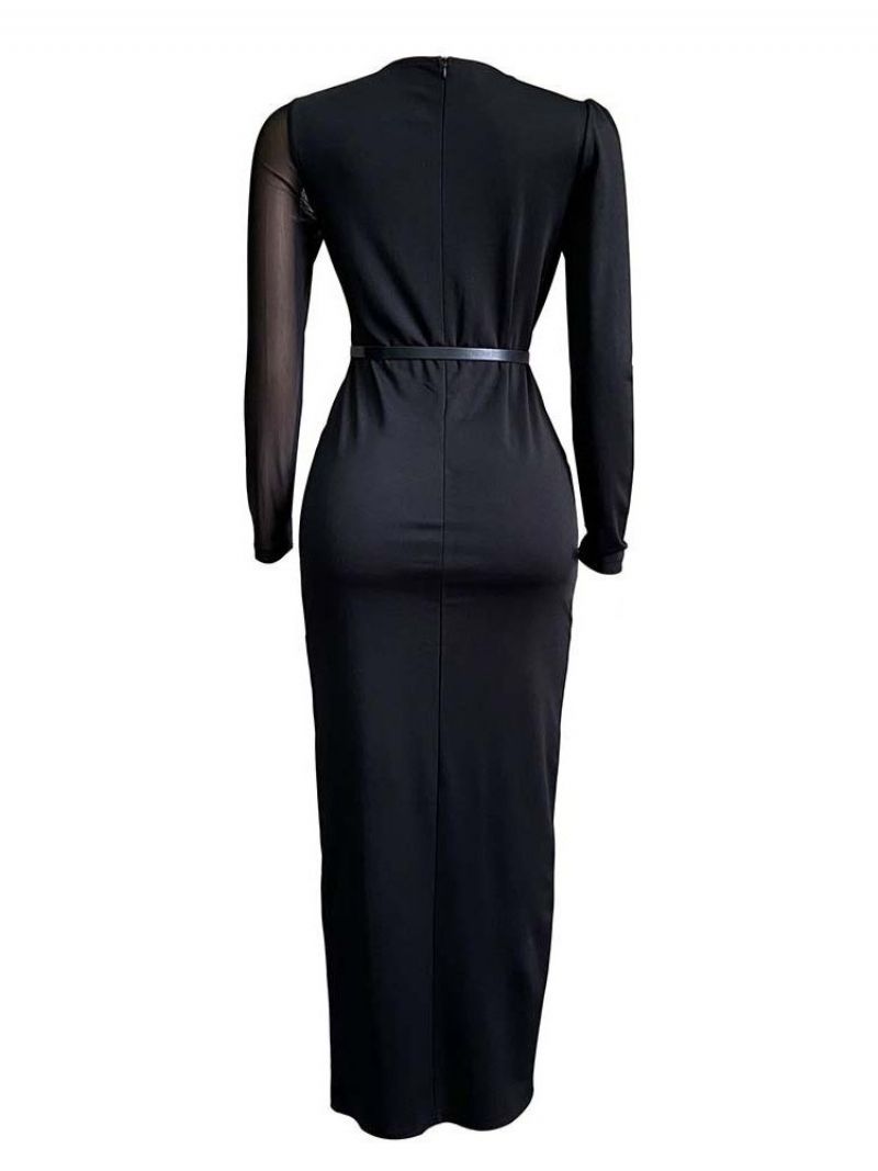 Langærmet Gulvlængde Split Plain Bodycon Maxi Kjole