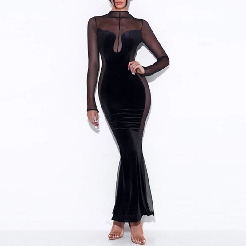 Langærmet Mesh-Standkrave Regular High Waist Maxi-Kjole