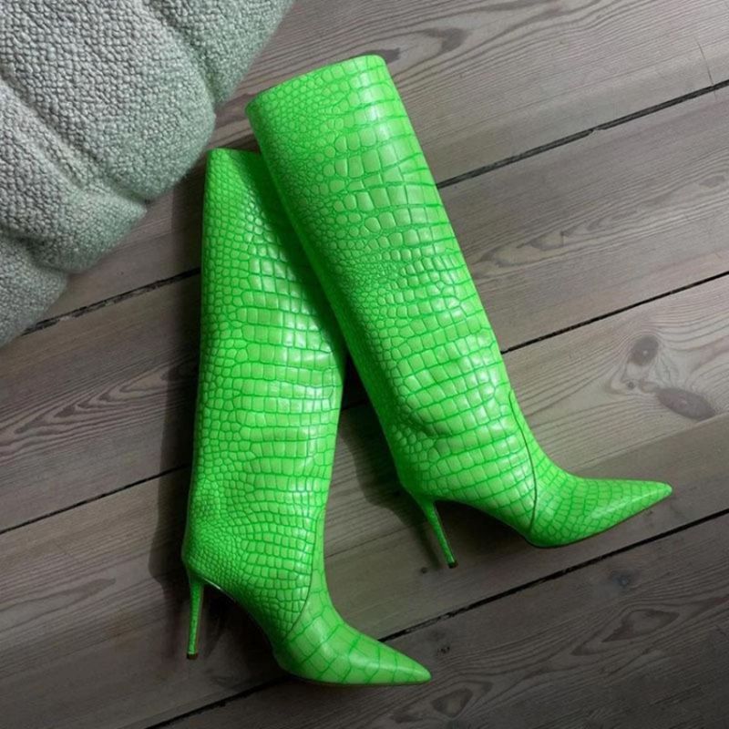 Slip-On Stilethæl Støvler Med Spidse Tå Alligator Mønster