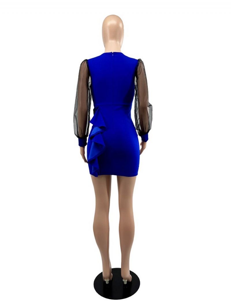 Above Knee Mesh Langærmet Højtalje Puff Sleeve Bodycon Kjole