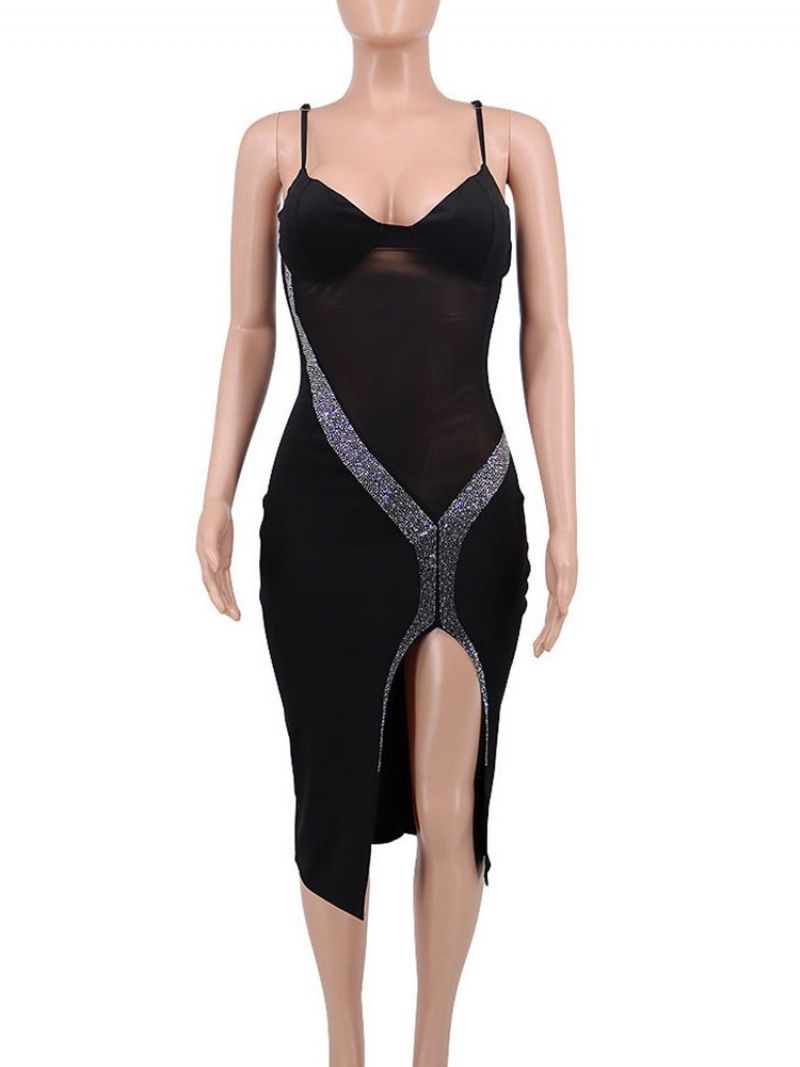 Ærmeløs Mid-Calf Rhinestone Sommer Spaghetti Strap Bodycon Kjole