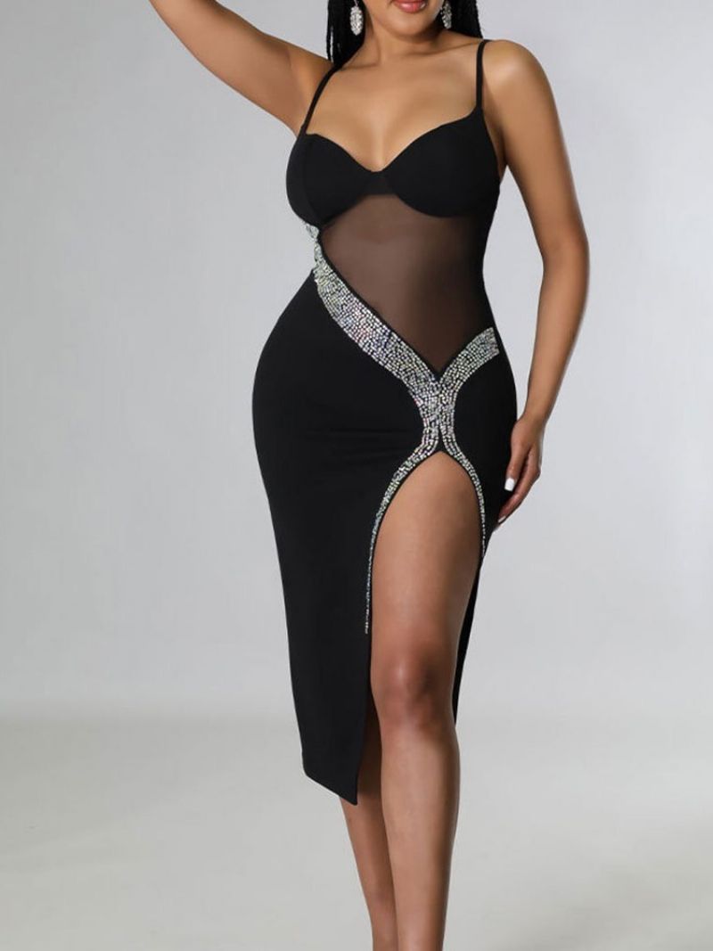 Ærmeløs Mid-Calf Rhinestone Sommer Spaghetti Strap Bodycon Kjole