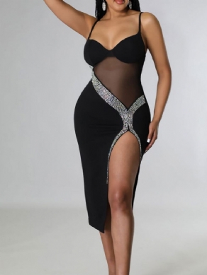 Ærmeløs Mid-Calf Rhinestone Sommer Spaghetti Strap Bodycon Kjole