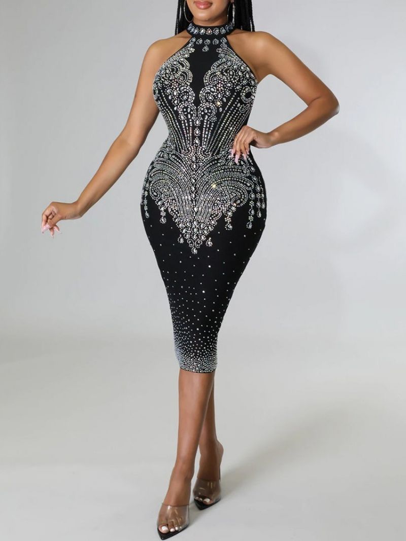 Ærmeløs Standkrave Rhinestone Mid Waist Bodycon-Kjole