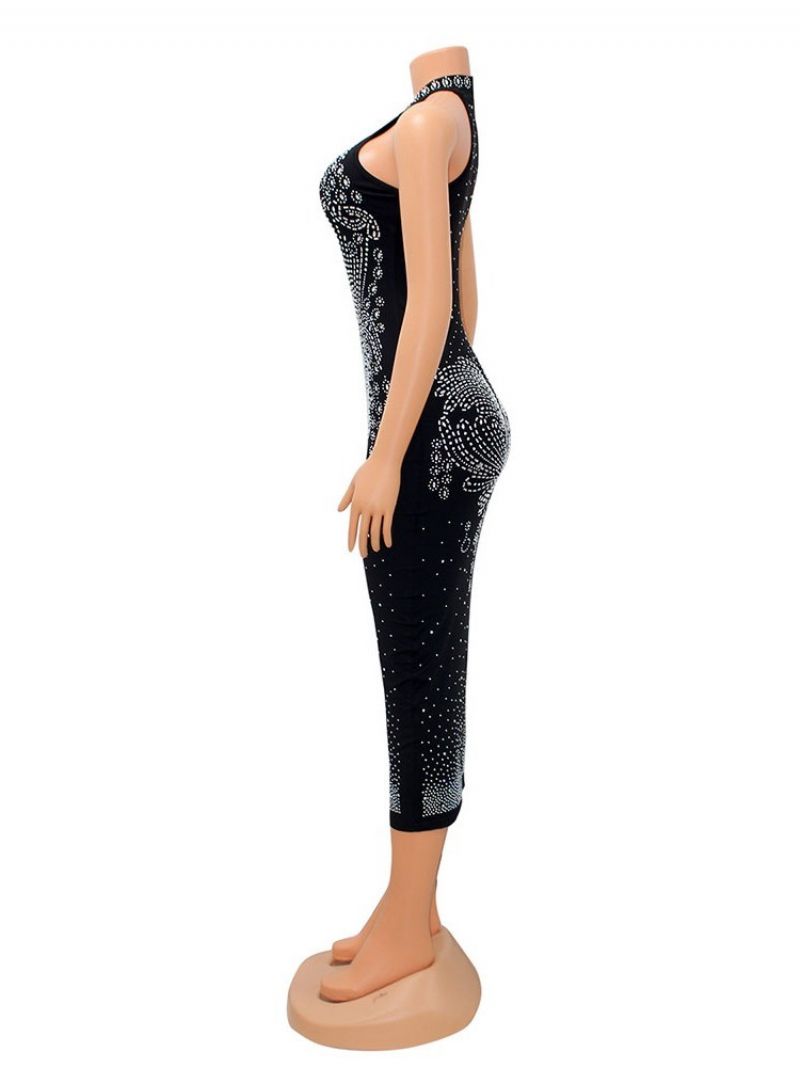 Ærmeløs Standkrave Rhinestone Mid Waist Bodycon-Kjole