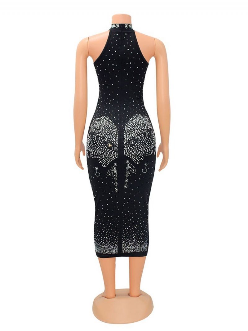 Ærmeløs Standkrave Rhinestone Mid Waist Bodycon-Kjole