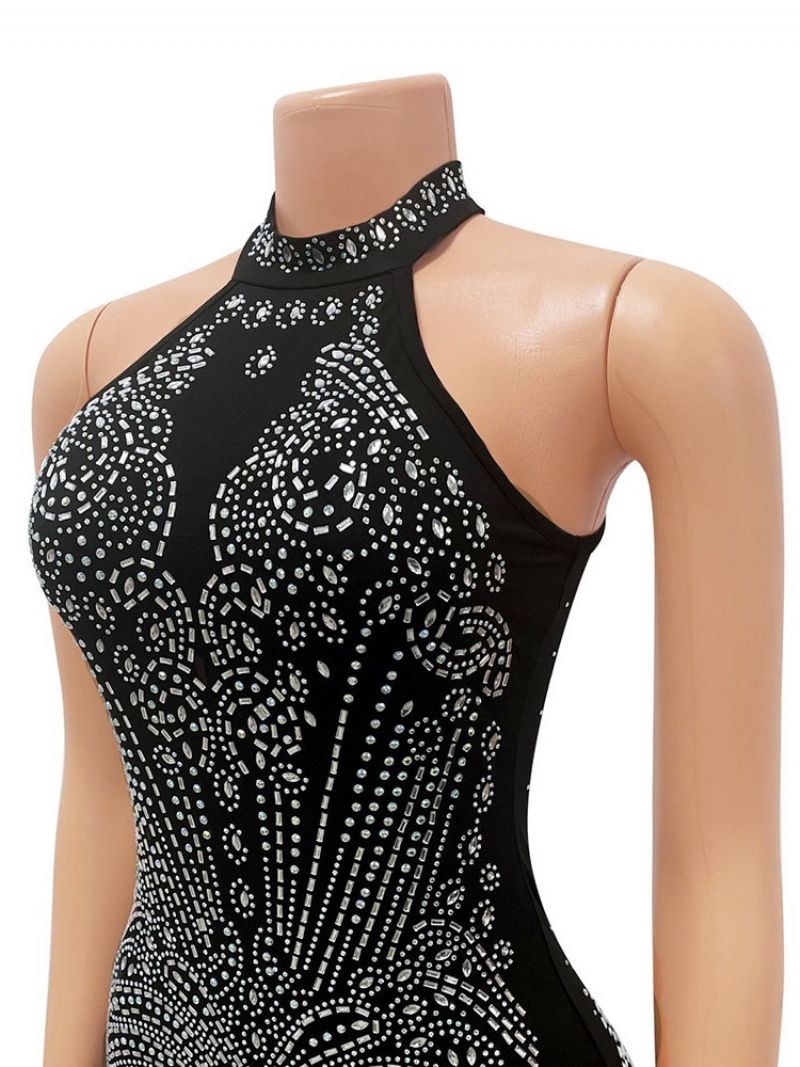 Ærmeløs Standkrave Rhinestone Mid Waist Bodycon-Kjole