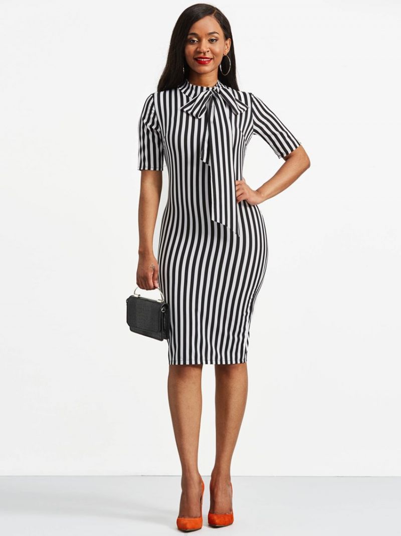 Bowknot Bow Collar Stripe Bodycon Kjole