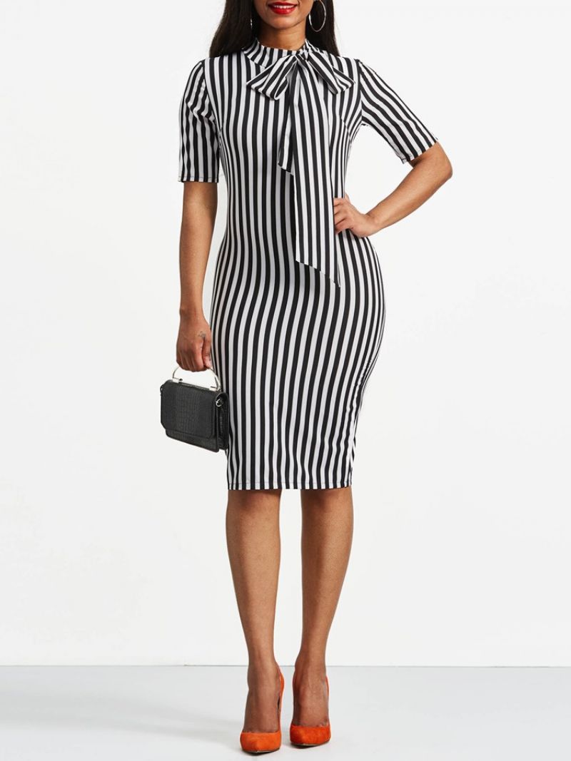 Bowknot Bow Collar Stripe Bodycon Kjole