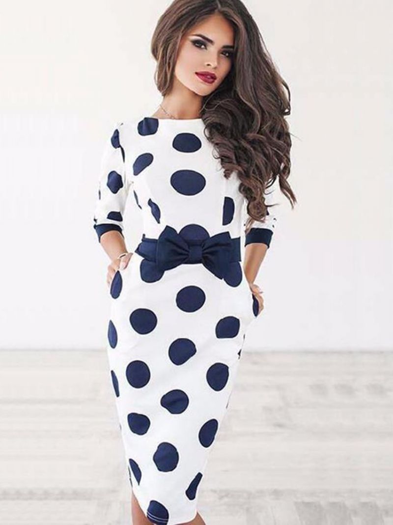 Knælængde Bowknot Polka Dot Bodycon Kjole