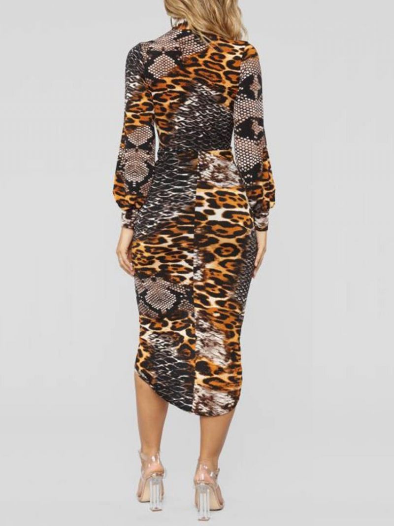 Langærmet V-Hals Bodycon Leopard Kjole