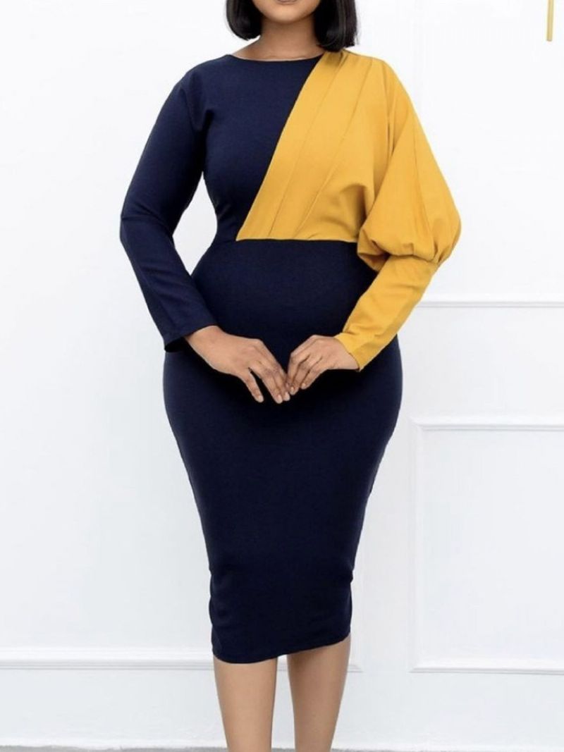 Mid-Calf Langærmet Rund Hals Bodycon Color Block Kjole