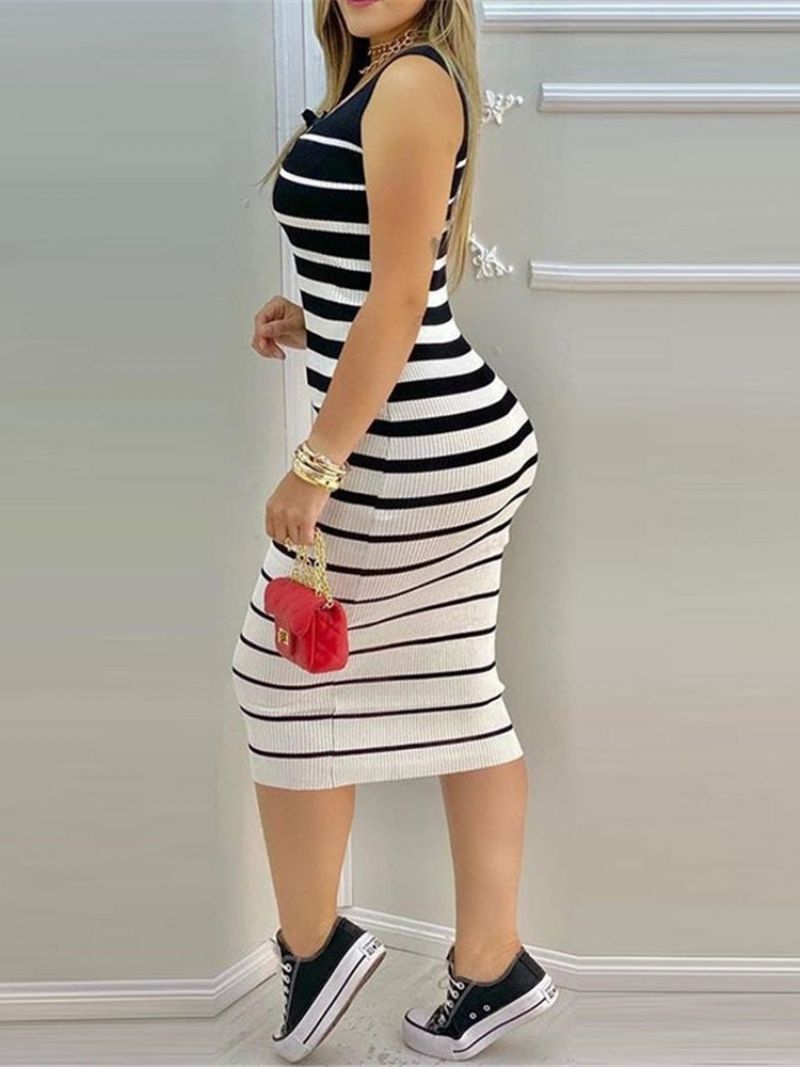 Mid-Calf Patchwork Ærmeløs Bodycon Stripe-Kjole