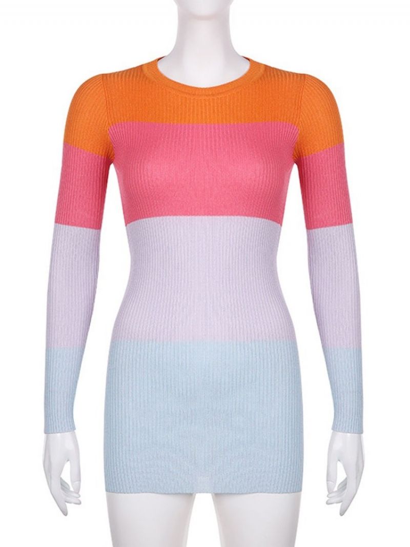 Rund Hals Patchwork Langærmet Regular Color Block Bodycon Kjole