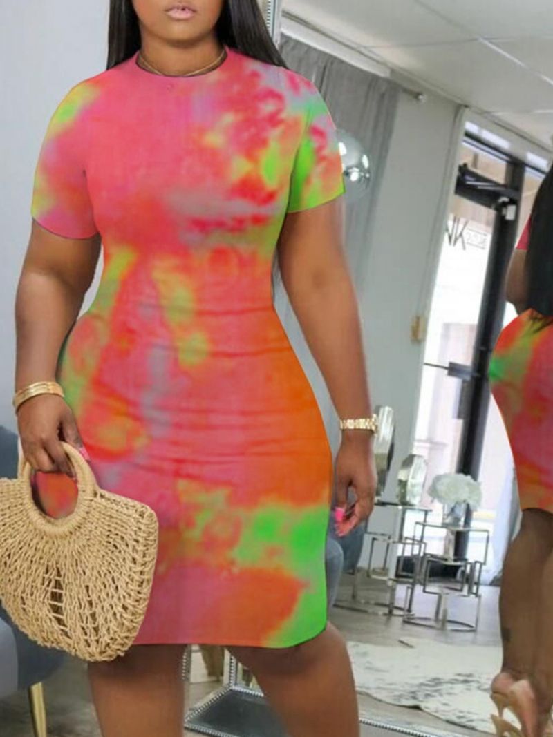 Tie-Dye Knælængde Kortærmet Mid Waist Bodycon Kjole