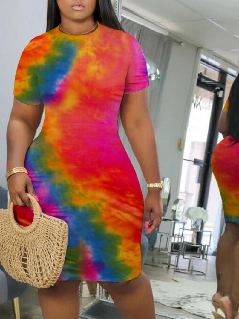 Tie-Dye Knælængde Kortærmet Mid Waist Bodycon Kjole