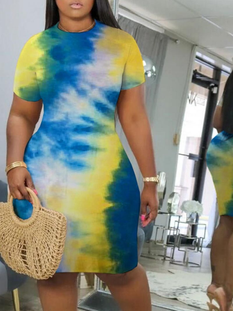 Tie-Dye Knælængde Kortærmet Mid Waist Bodycon Kjole