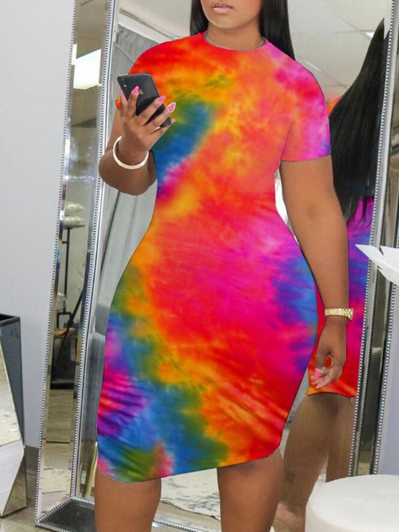 Tie-Dye Knælængde Kortærmet Mid Waist Bodycon Kjole