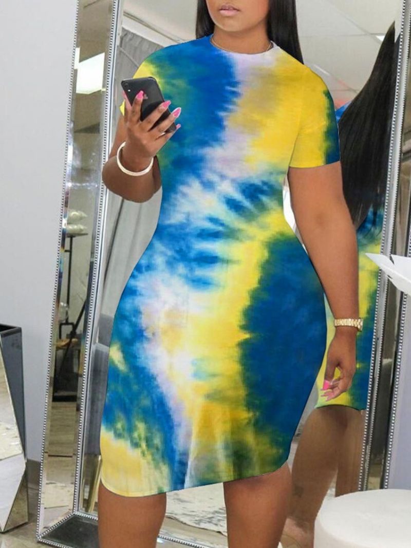 Tie-Dye Knælængde Kortærmet Mid Waist Bodycon Kjole