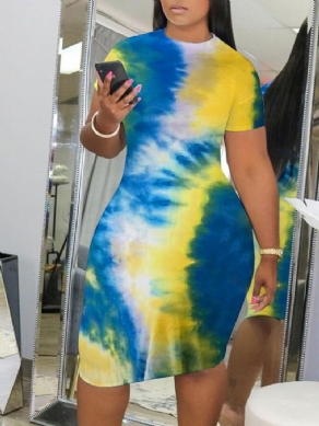 Tie-Dye Knælængde Kortærmet Mid Waist Bodycon Kjole