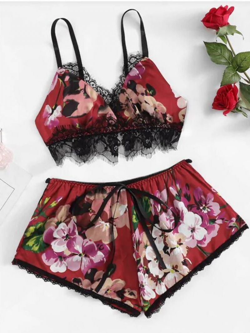 Blomster Sexet Print Satin Pyjamas Cami Sæt Nattøj