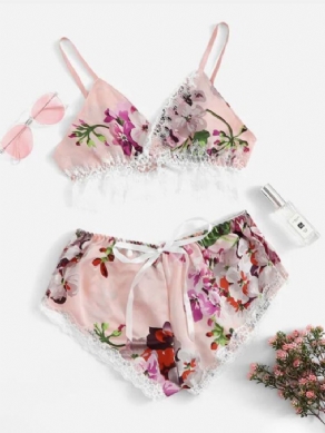 Blomster Sexet Print Satin Pyjamas Cami Sæt Nattøj