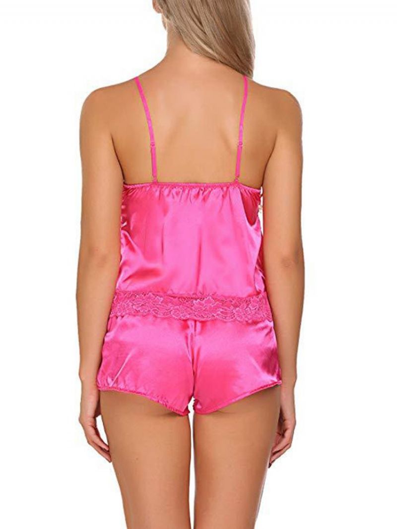 Plain Patchwork Rygfri Satin Pyjamas Camisole Kort Sæt