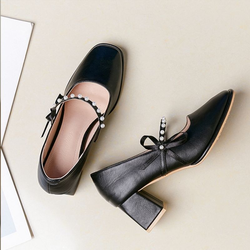 Chunky Heel Square Toe Bow Koreanske Tynde Sko