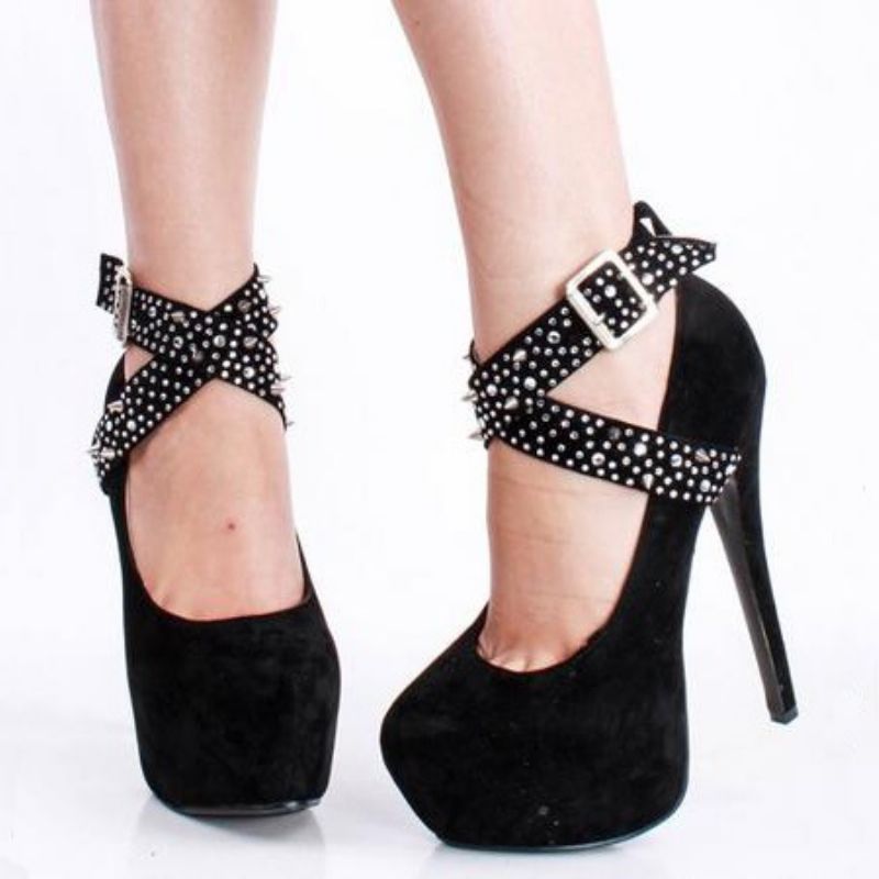 Sort Imiteret Ruskind Rhinestone Spike Cross Straps Platform Stilethæle