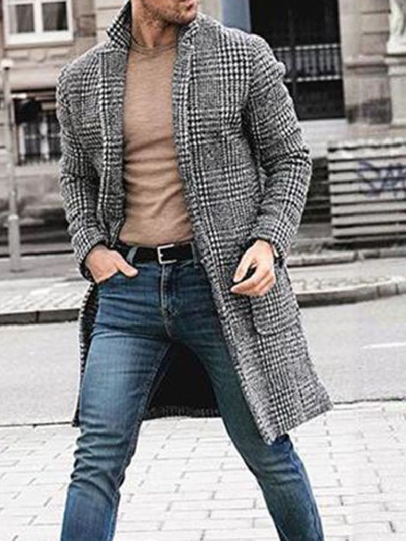 Lapel Plaid Mellemlang England Single-Breasted Coat