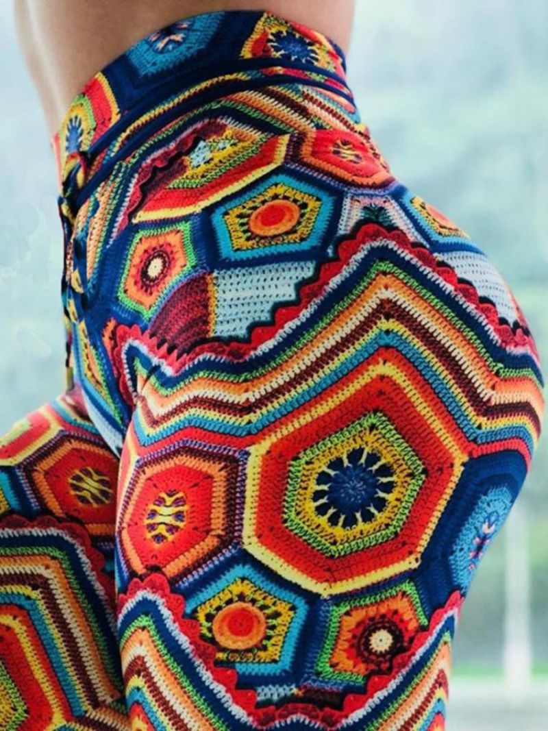 Anti-Sved Geometrisk Polyester Print Løbende Yogabukser I Fuld Længde Tiktok-Leggings Med Høj Talje