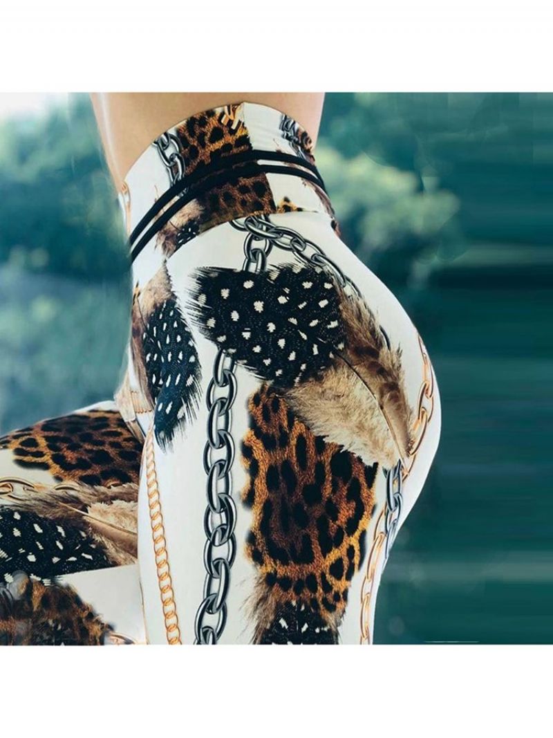 Kæde Leopard Print Farveblok Højtaljet Kvinders Leggings Yogabukser Højtaljet Tiktok Leggings