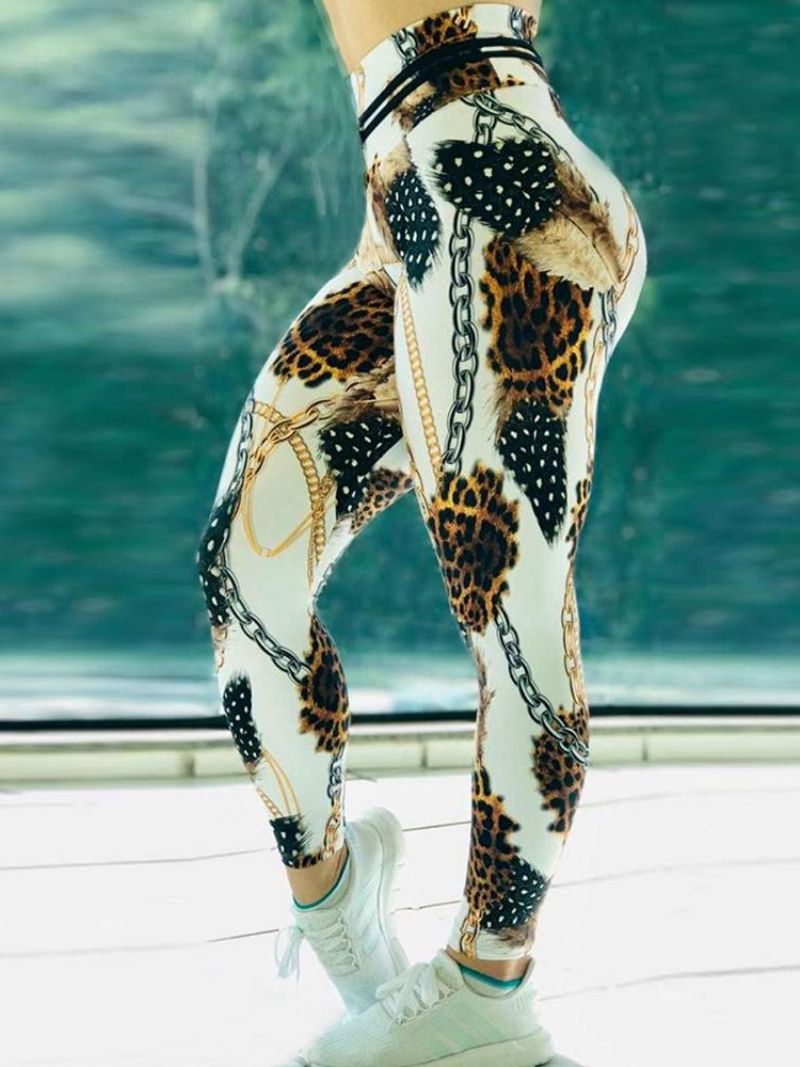 Kæde Leopard Print Farveblok Højtaljet Kvinders Leggings Yogabukser Højtaljet Tiktok Leggings