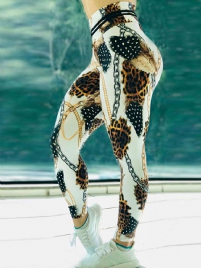 Kæde Leopard Print Farveblok Højtaljet Kvinders Leggings Yogabukser Højtaljet Tiktok Leggings