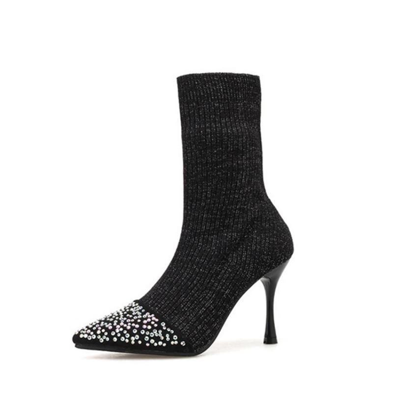 Rhinestone Slip-On Stilethæl Dameankelstøvler