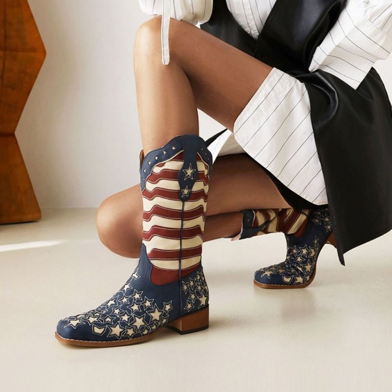 Square Toe Color Block Slip-On Flag Boots