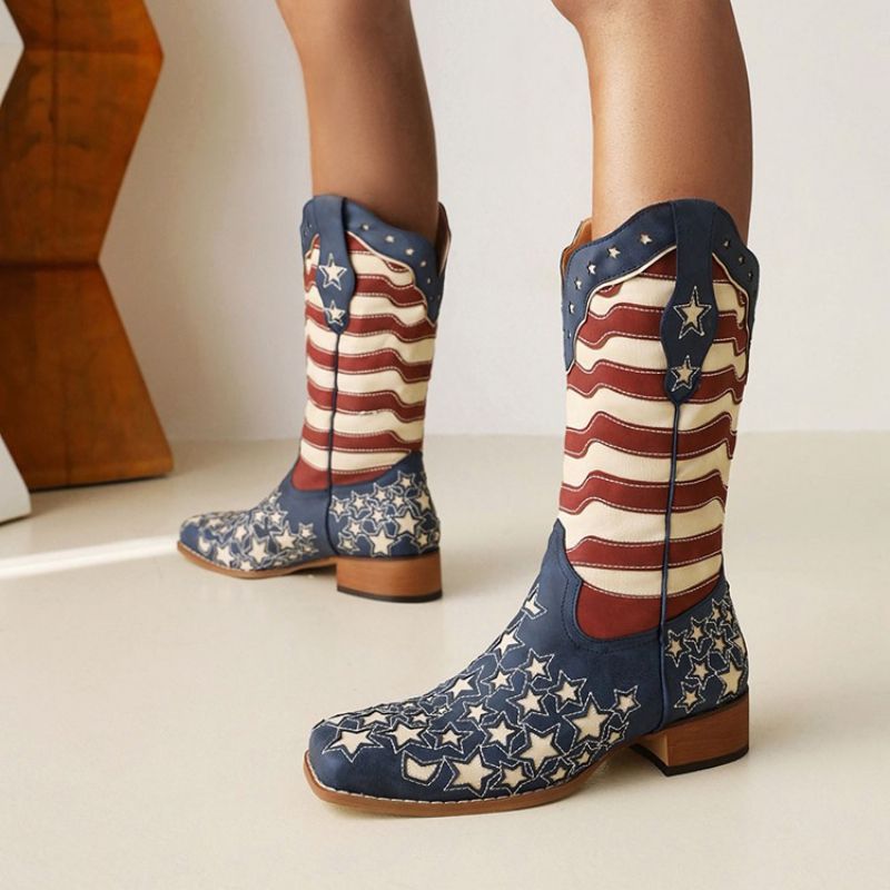 Square Toe Color Block Slip-On Flag Boots