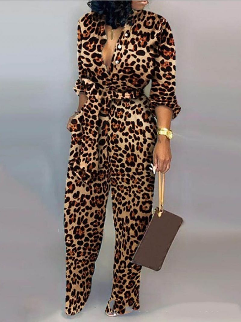 Casual Leopard Lace-Up Lige Midtalje Jumpsuit Til Kvinder