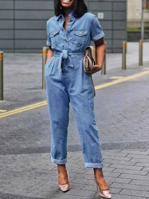 Denim Almindelig Fuldlængde Snøre-Up Høj Talje Jumpsuit Med Lige Lomme