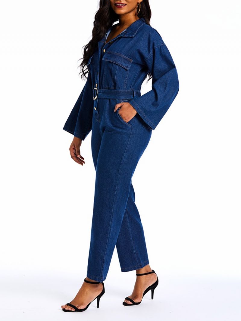 Denim Almindelige Løs Knap Lige Jumpsuits