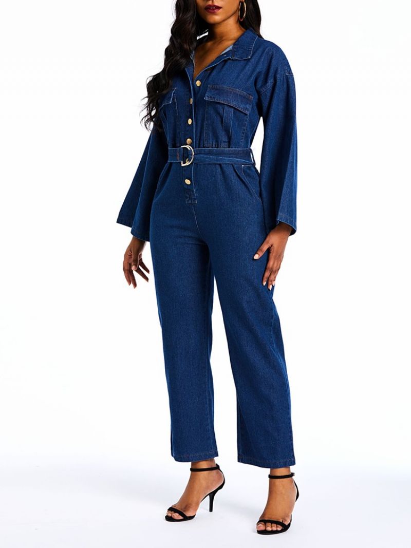 Denim Almindelige Løs Knap Lige Jumpsuits