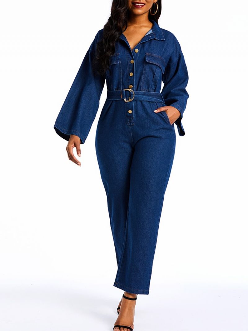 Denim Almindelige Løs Knap Lige Jumpsuits