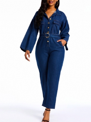 Denim Almindelige Løs Knap Lige Jumpsuits