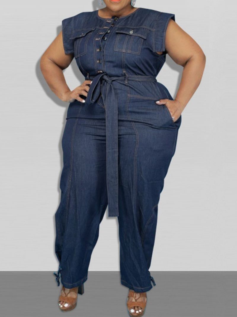 Denim Bælte Fuld Længde Western Plain Pencil Pants Slim Jumpsuit