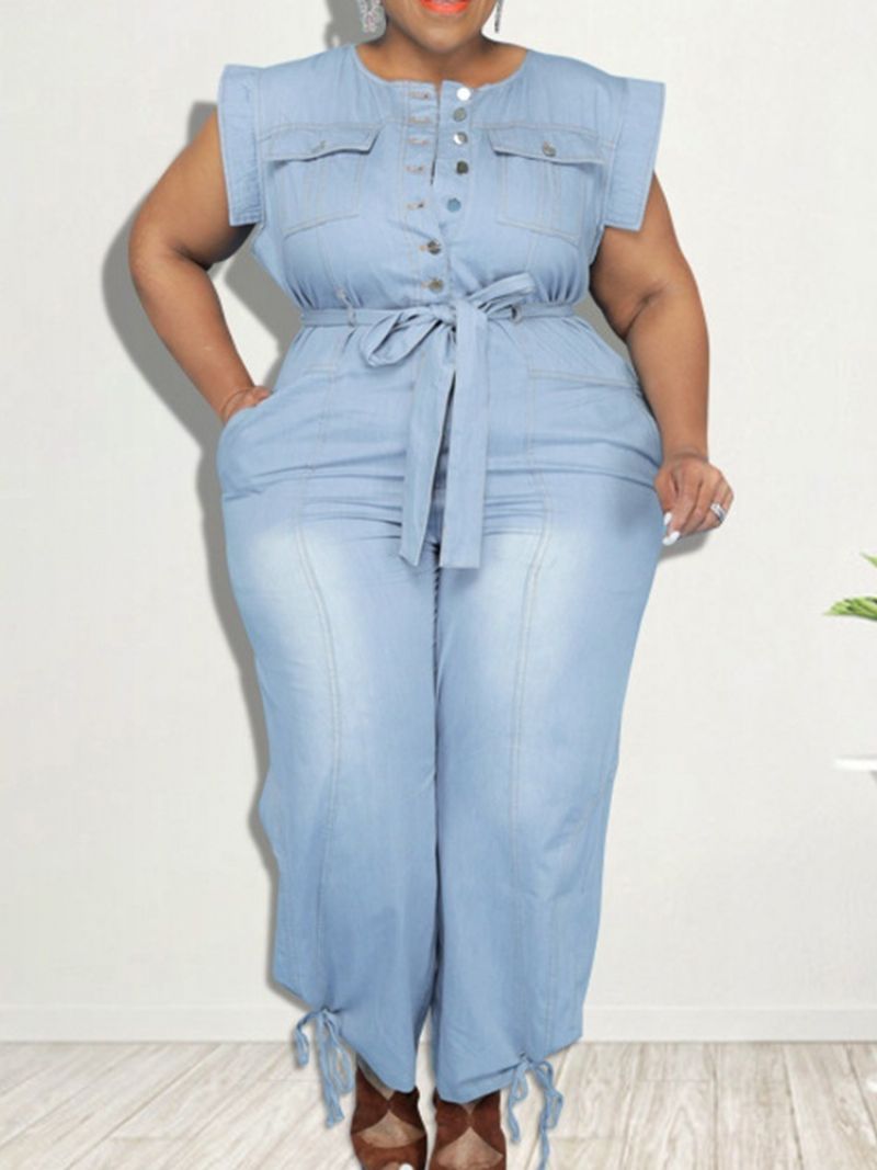 Denim Bælte Fuld Længde Western Plain Pencil Pants Slim Jumpsuit