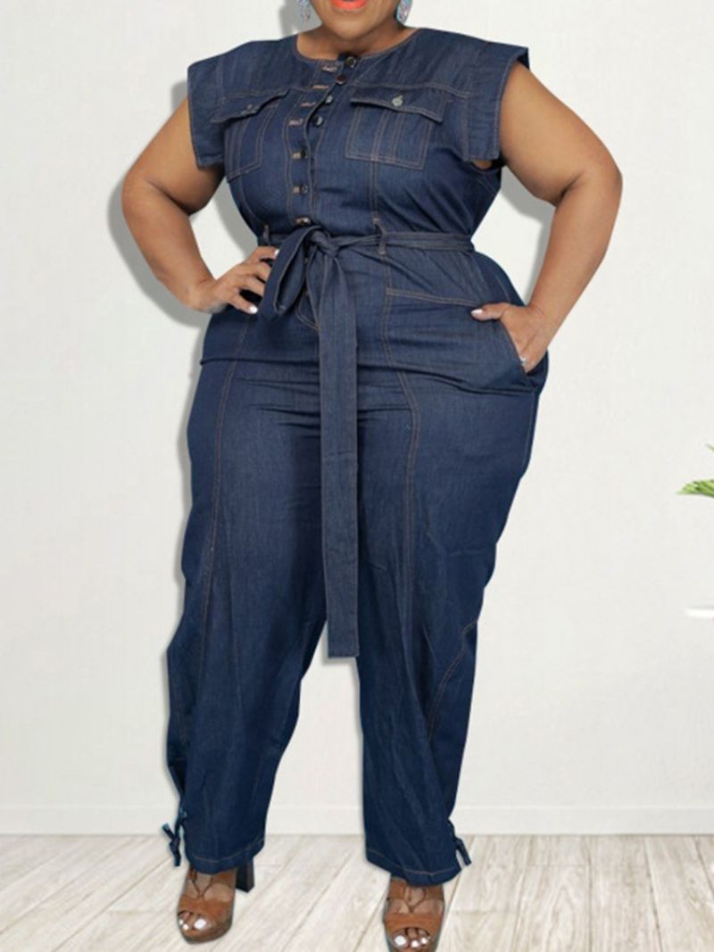 Denim Bælte Fuld Længde Western Plain Pencil Pants Slim Jumpsuit