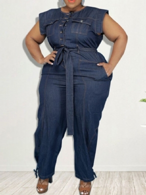 Denim Bælte Fuld Længde Western Plain Pencil Pants Slim Jumpsuit