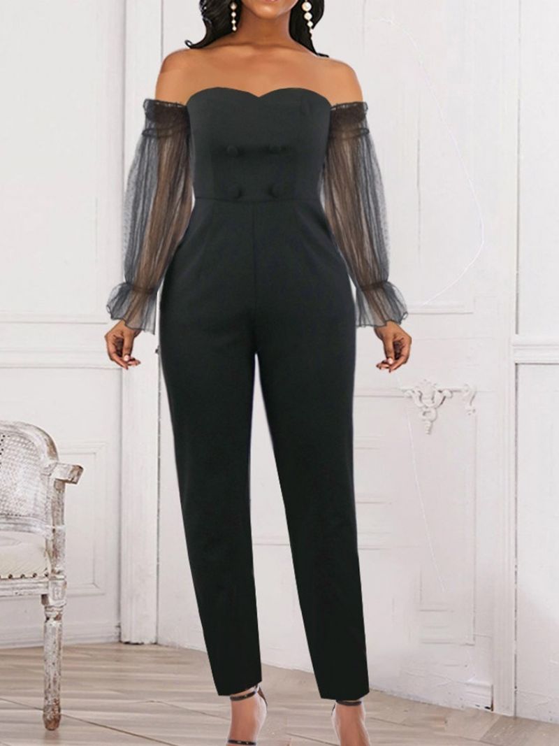 Ensfarvet Mode Fuld Længde Kvinders Sort Slim Jumpsuit