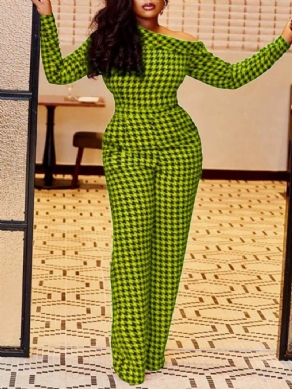 Fest Cocktailtryk Houndstooth Mid Waist Slim Jumpsuit Til Kvinder